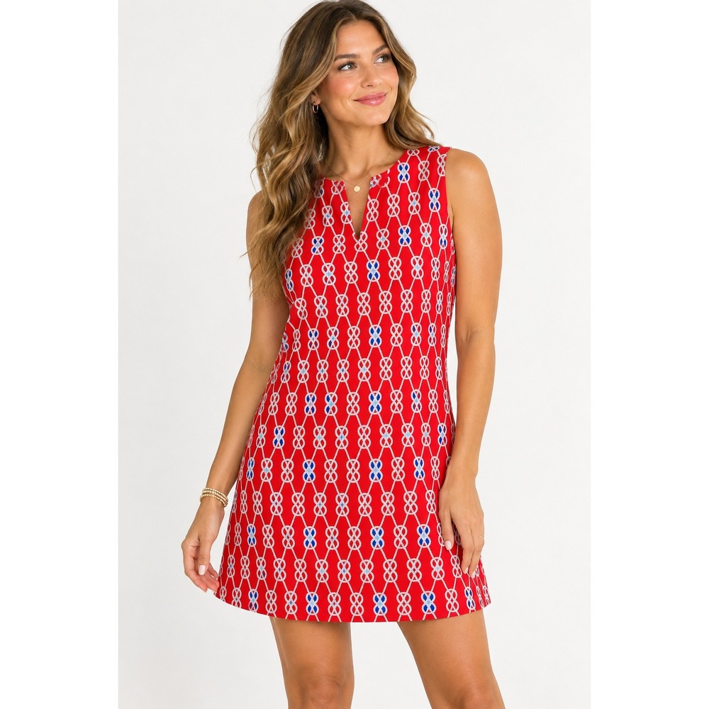 Jude Connally Red White Blue Nautical Rope Print Shift Dress Jude Cloth Size L
